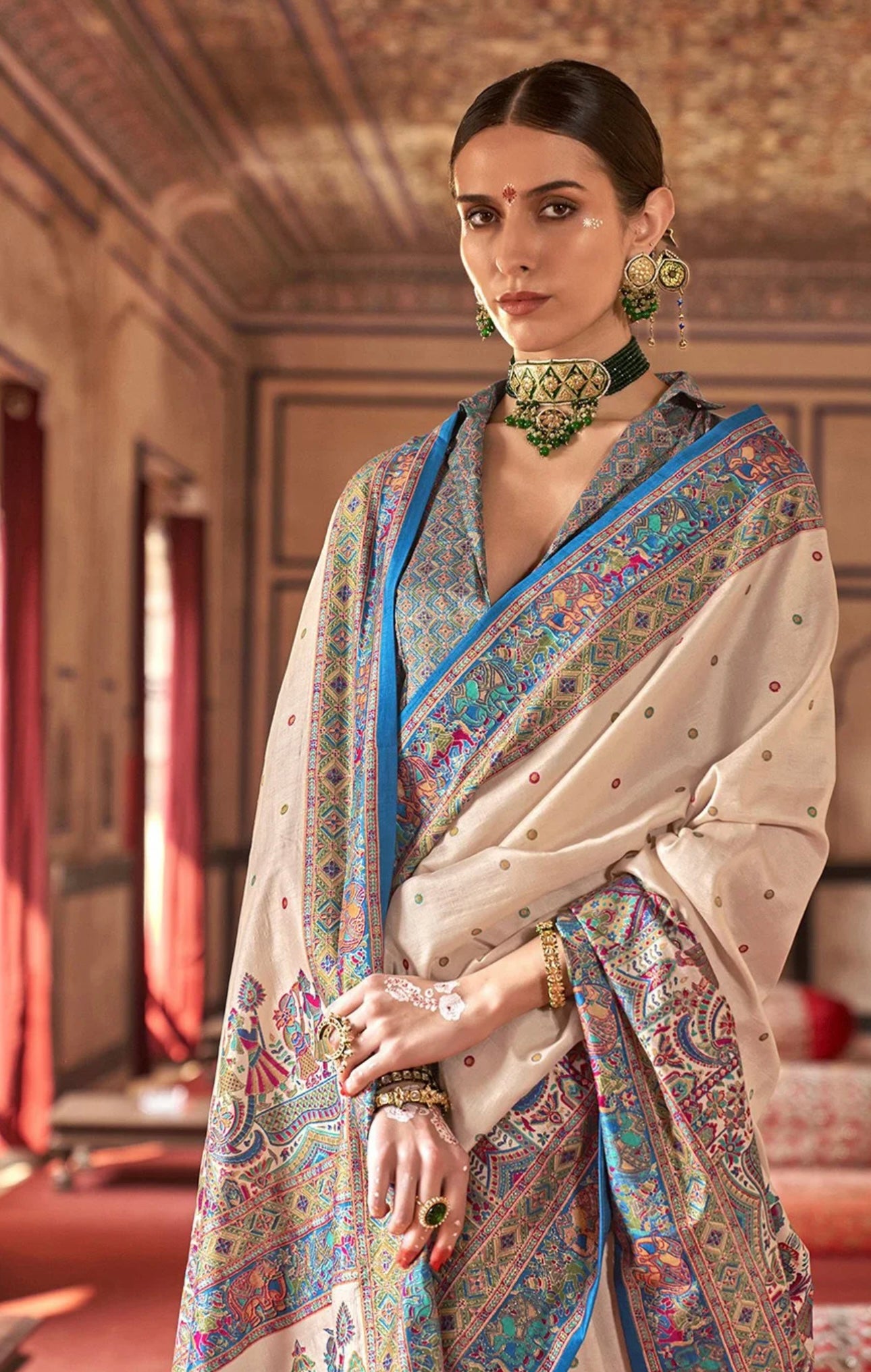 Off white & Blue Kani Silk Saree