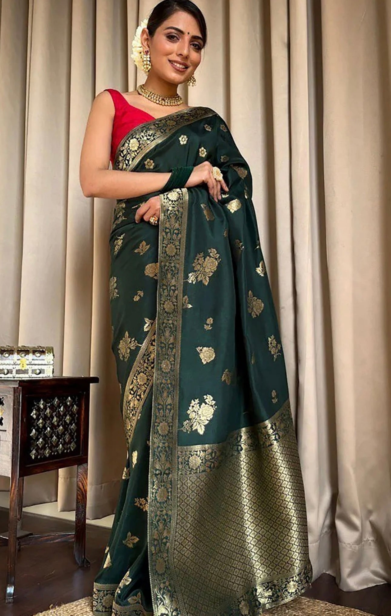 Bottle Green Katan Saree