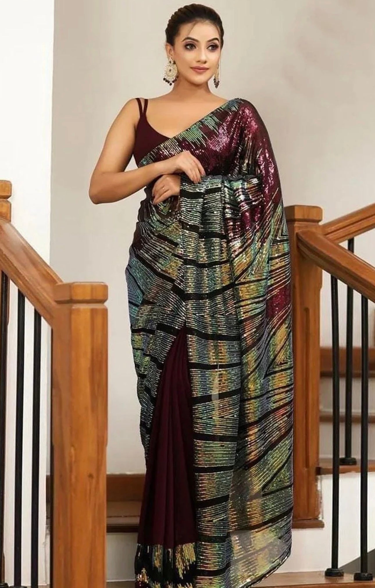 Maroon Multicolor Sequin Saree