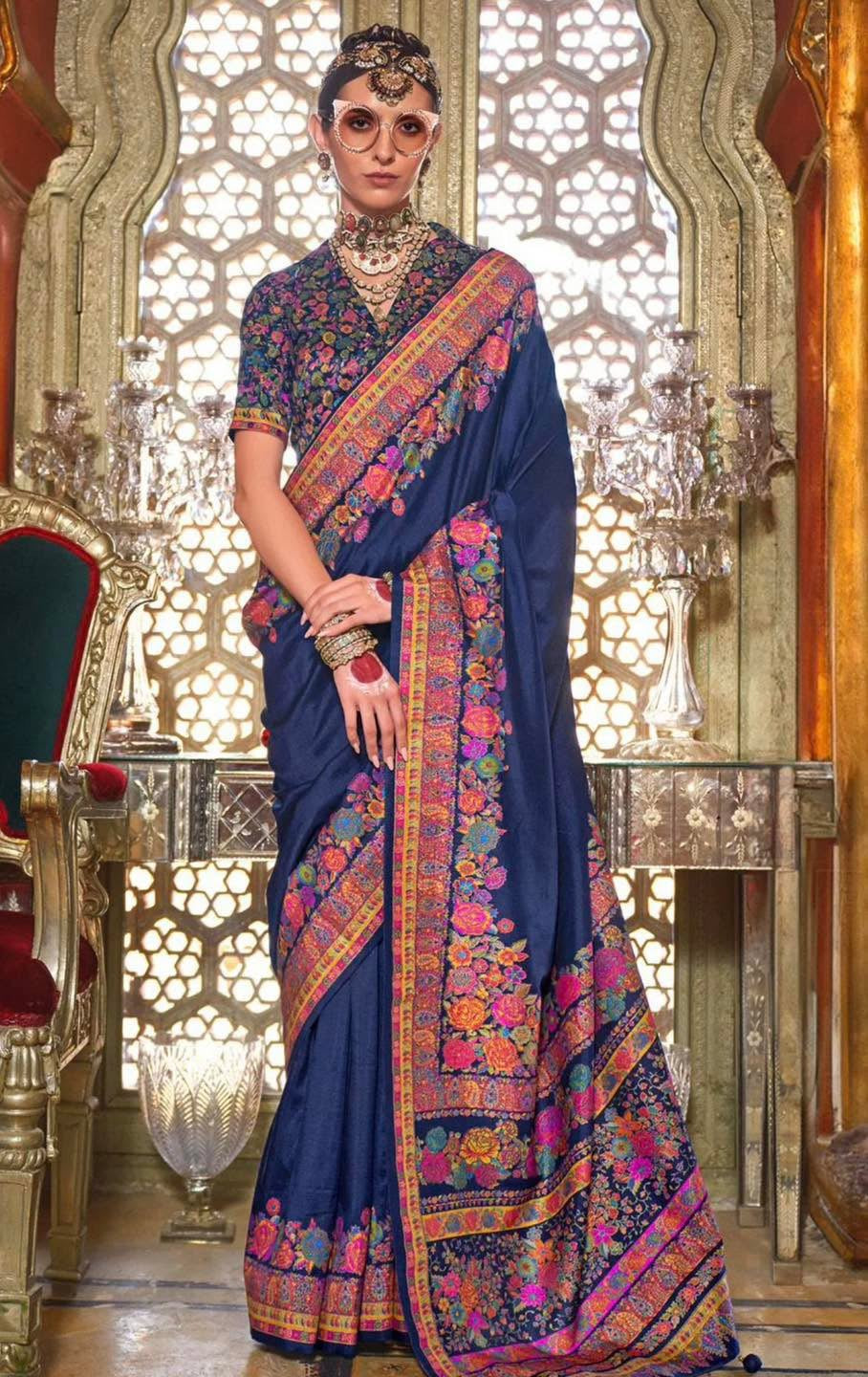 Blue & Pink Kani silk Saree