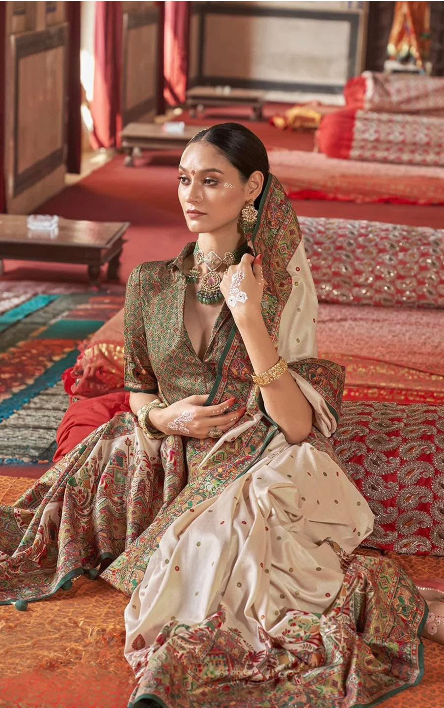 Off White & Brown Kani Silk