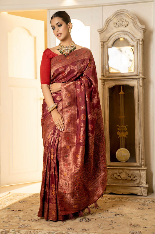 Maroon Jaal Banarasi Saree
