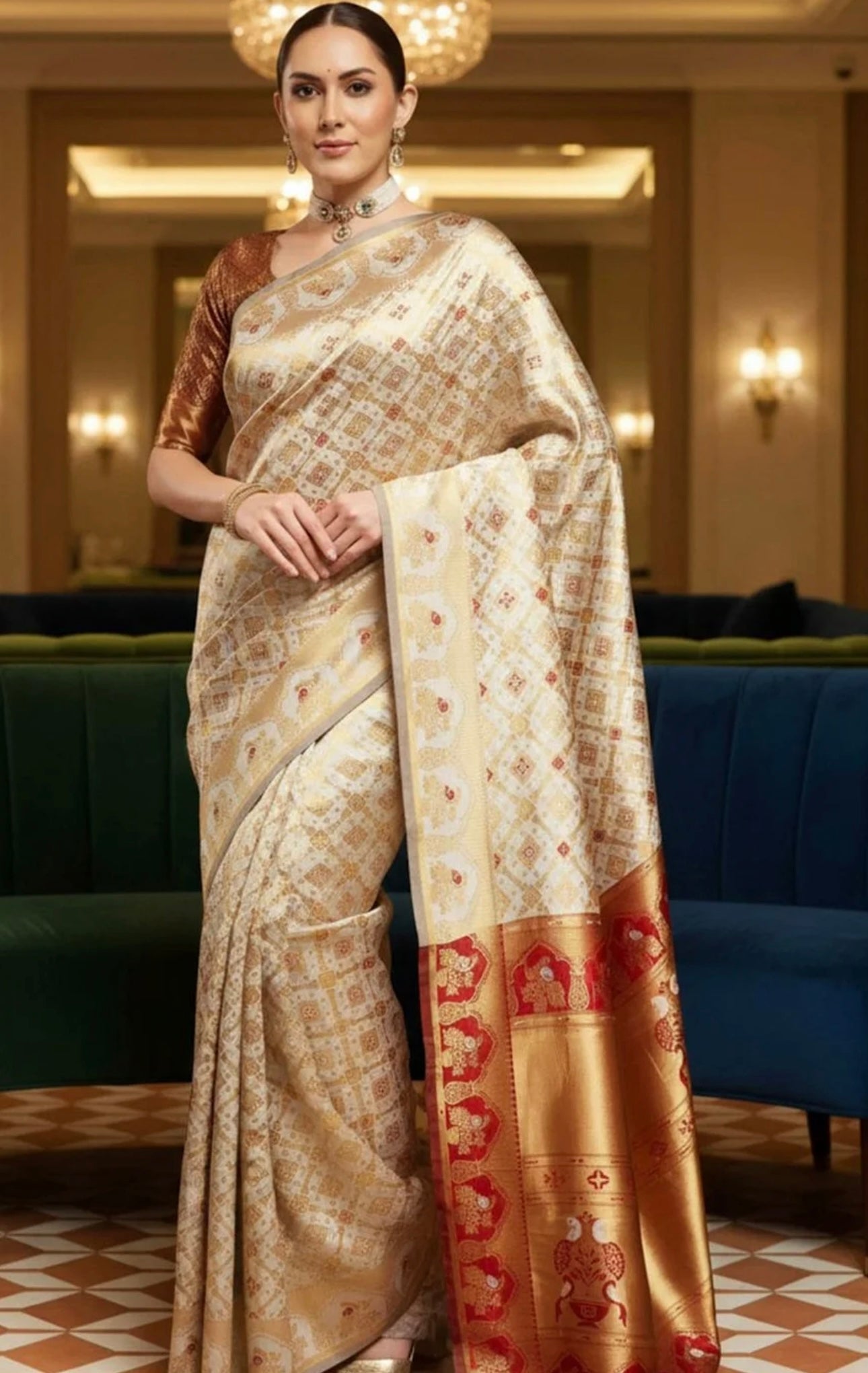 Off white & Red Kanjiwaram Saree