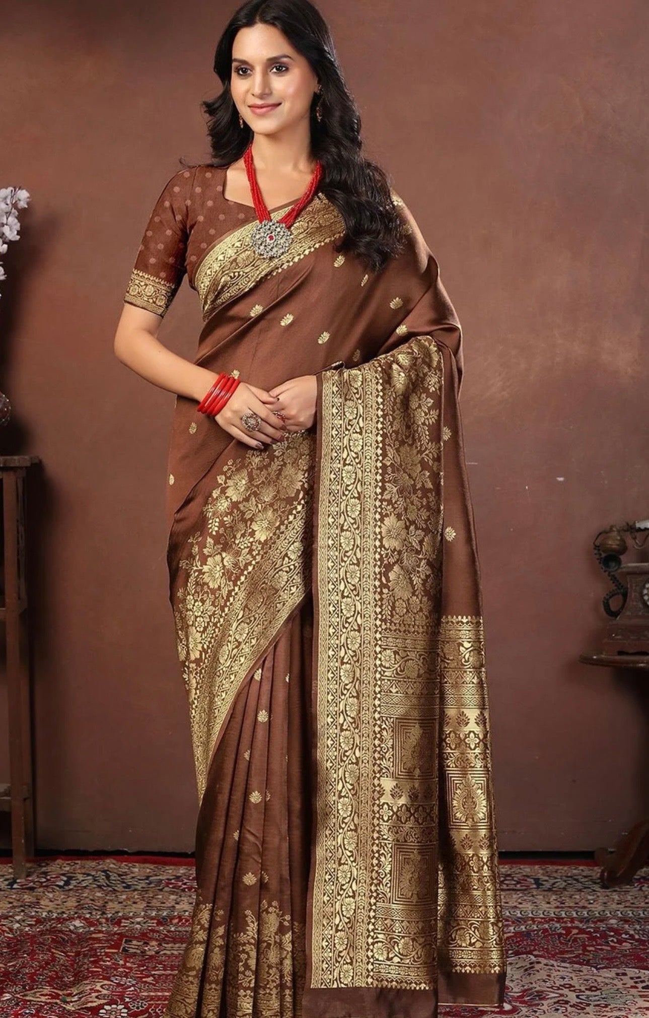 Brwon Gold Kanjeewaram Saree