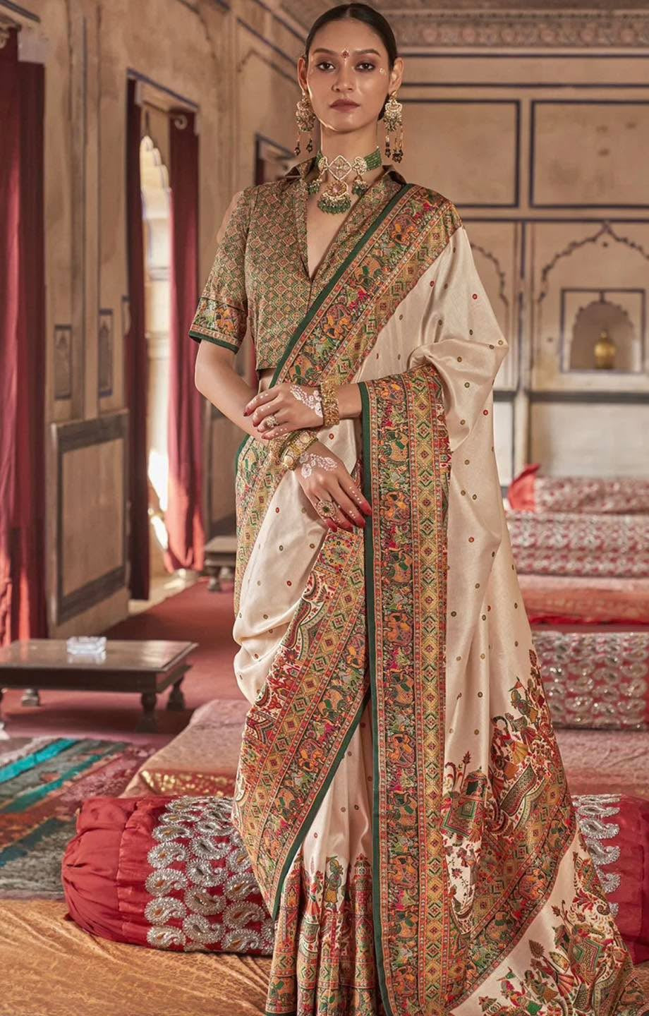 Off White & Brown Kani Silk