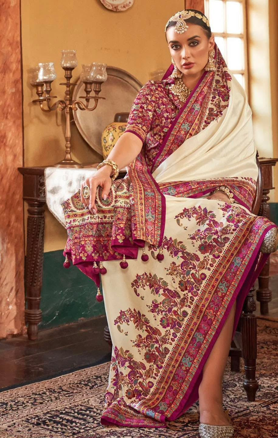 Royal White Kani Silk Saree