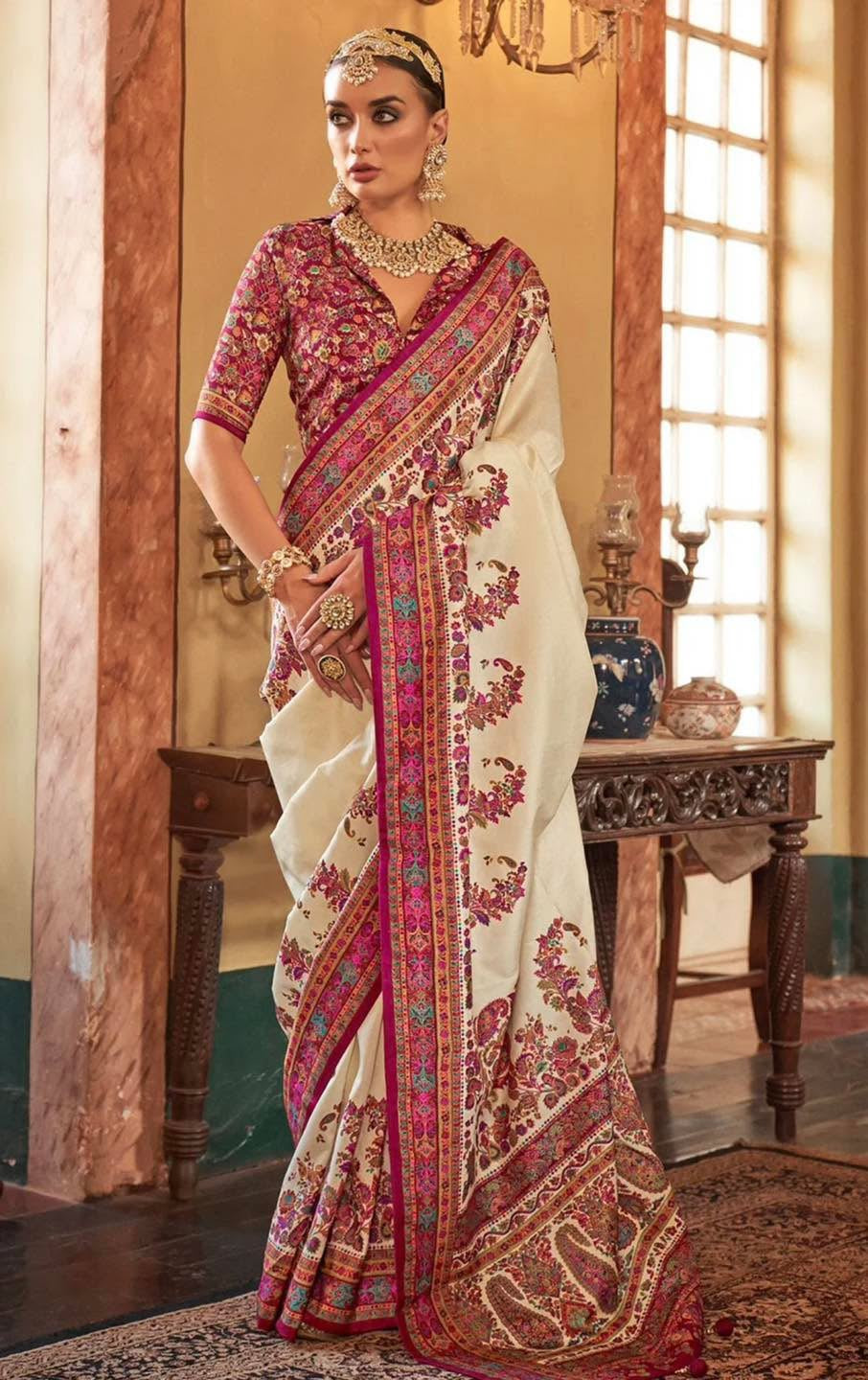 Royal White Kani Silk Saree