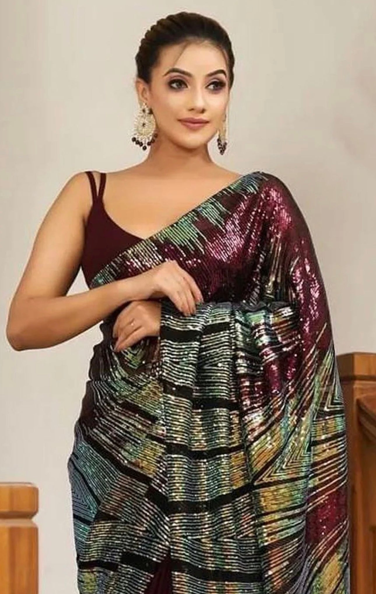 Maroon Multicolor Sequin Saree