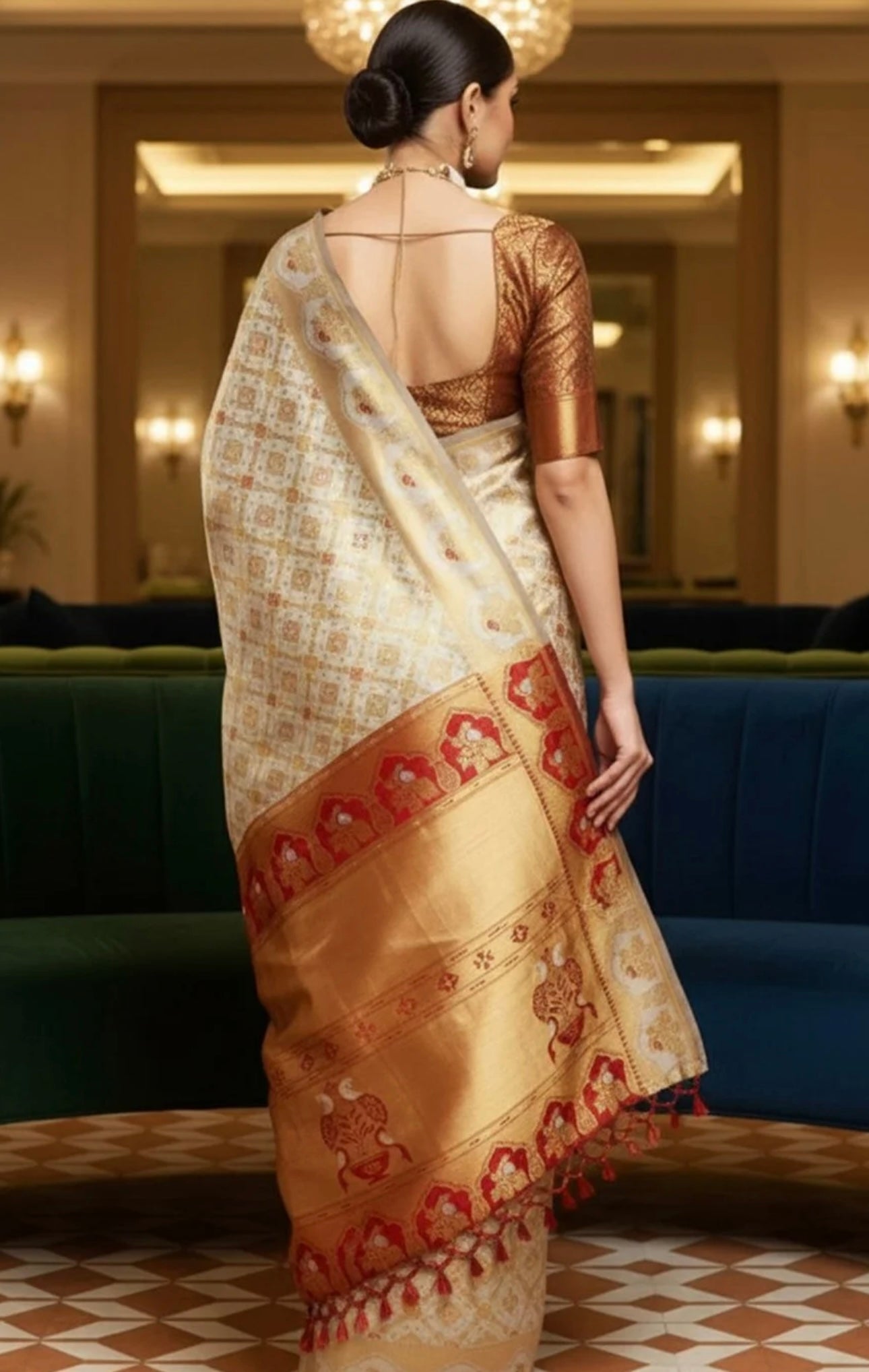 Off white & Red Kanjiwaram Saree