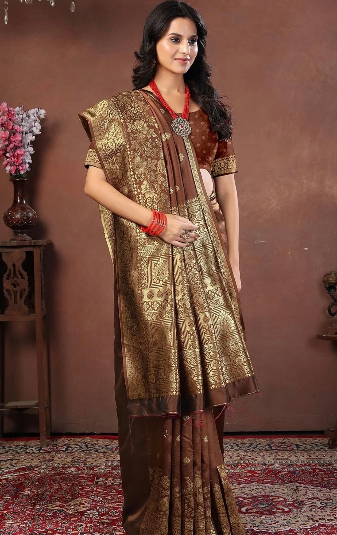 Brwon Gold Kanjeewaram Saree