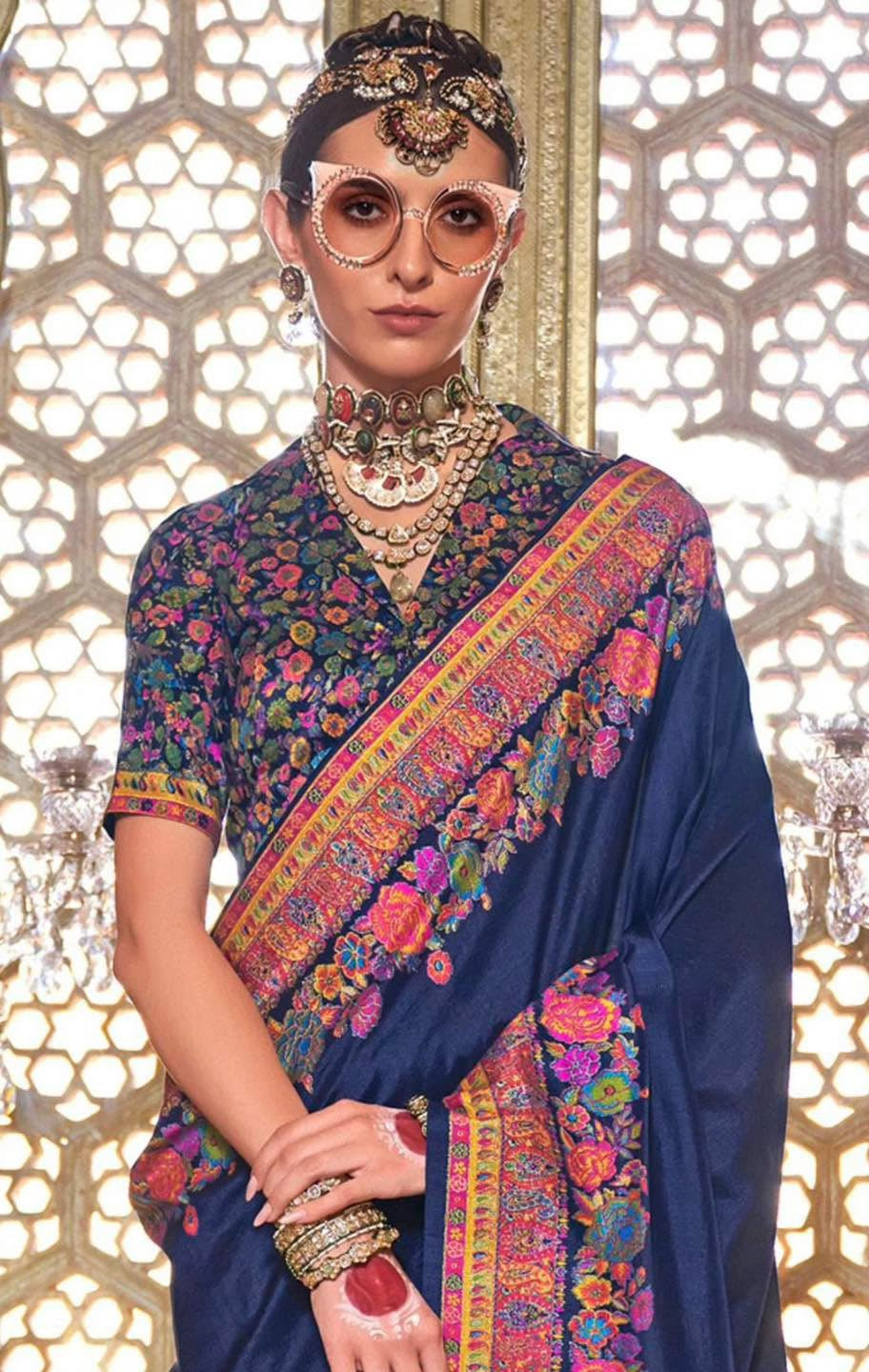 Blue & Pink Kani silk Saree
