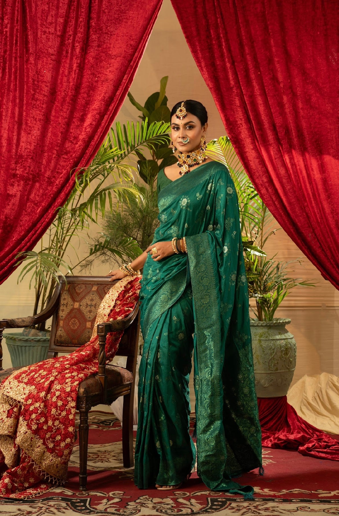 Bottle Green Banarasi Saree