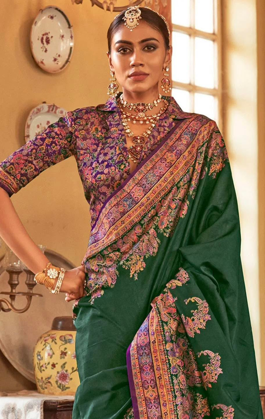 Bottle Green Kani Silk Saree