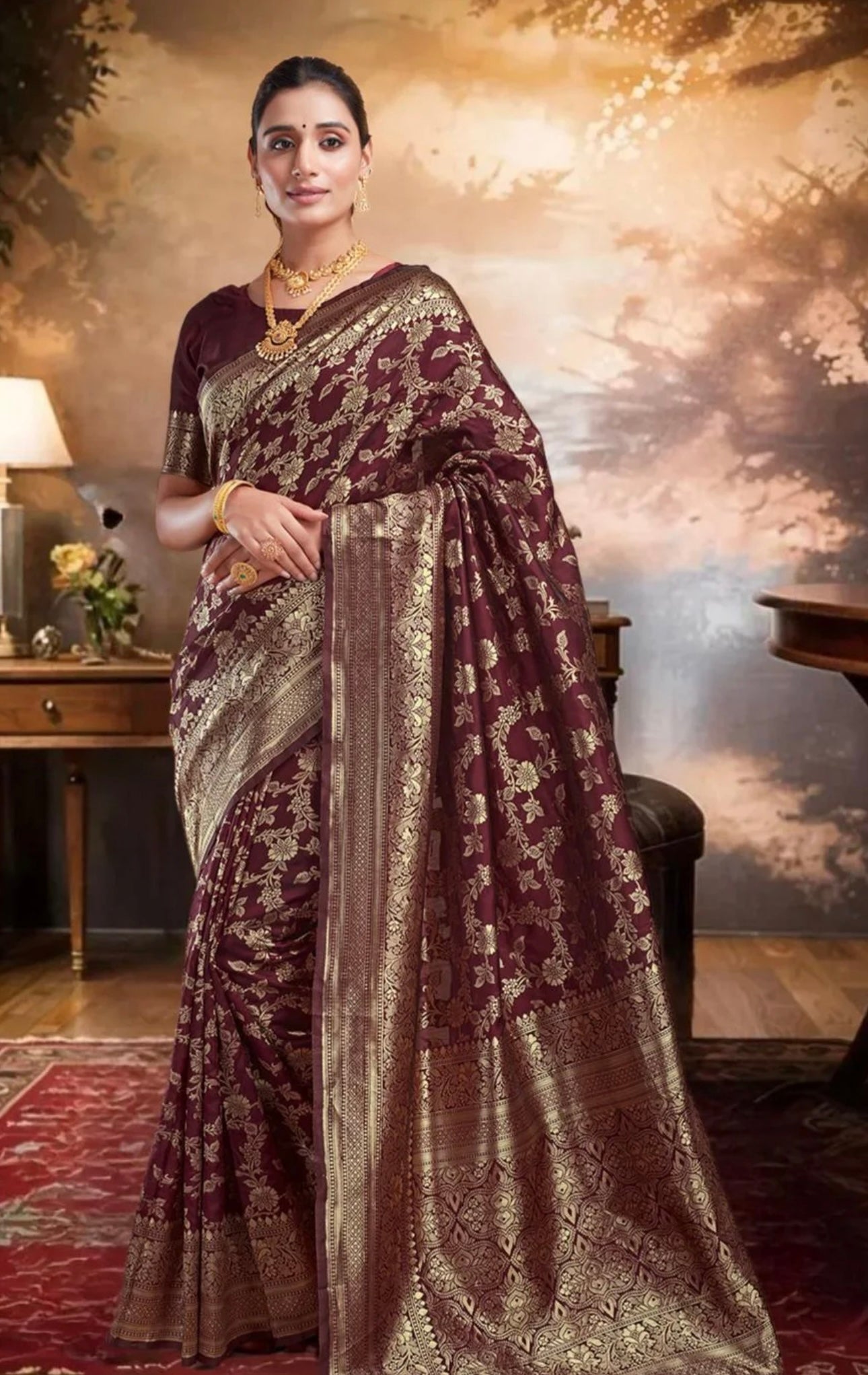 Maroon Jaal Kanjiwaram saree