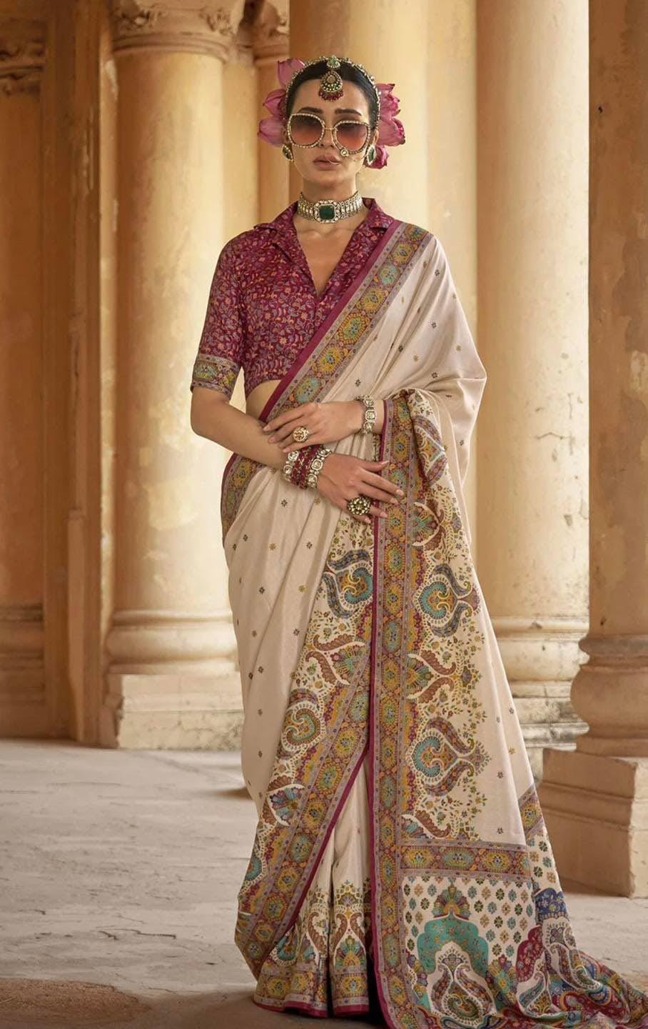 Off White & Maroon Kani Silk