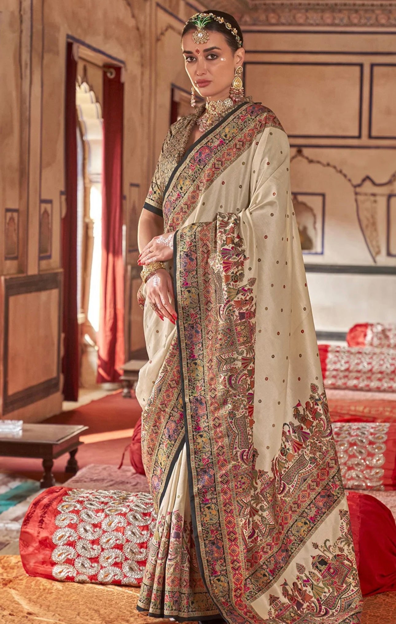 Off White & Brown Kani Silk saree