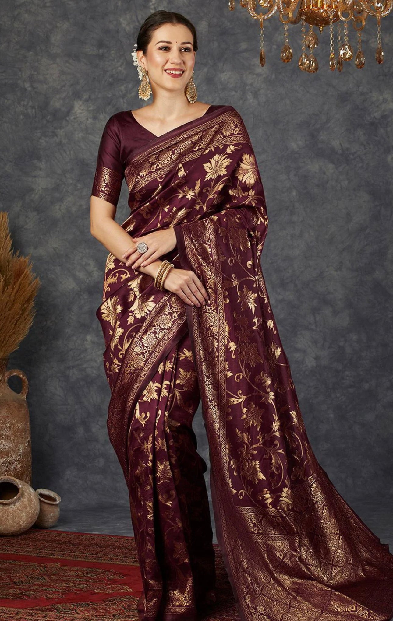 Maroon Jaal Flora Banarasi Saree