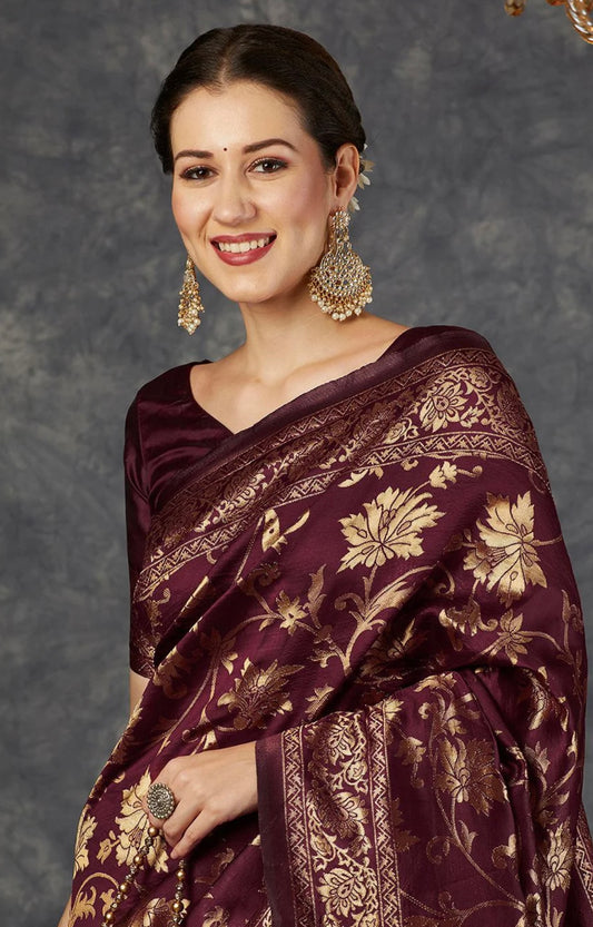 Maroon Jaal Flora Banarasi Saree