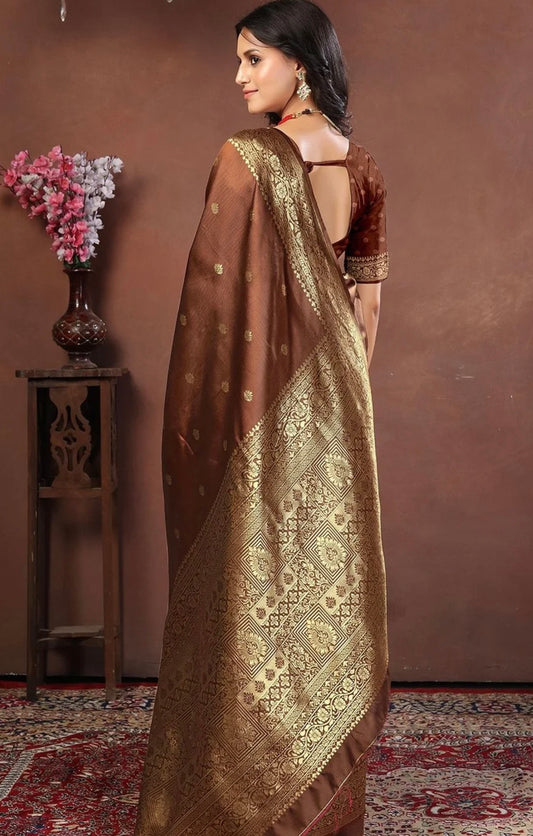 Brwon Gold Kanjeewaram Saree