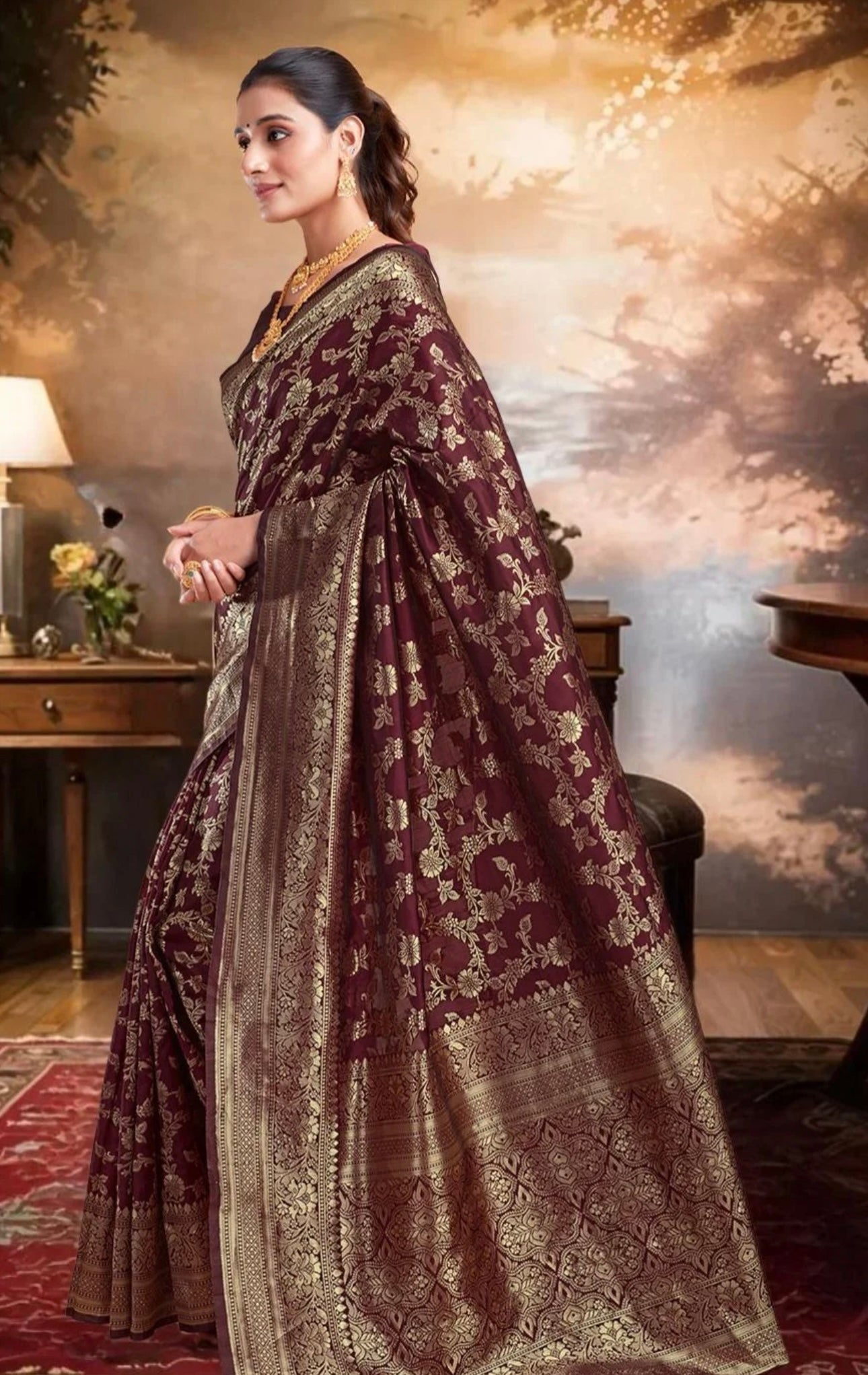 Maroon Jaal Kanjiwaram saree