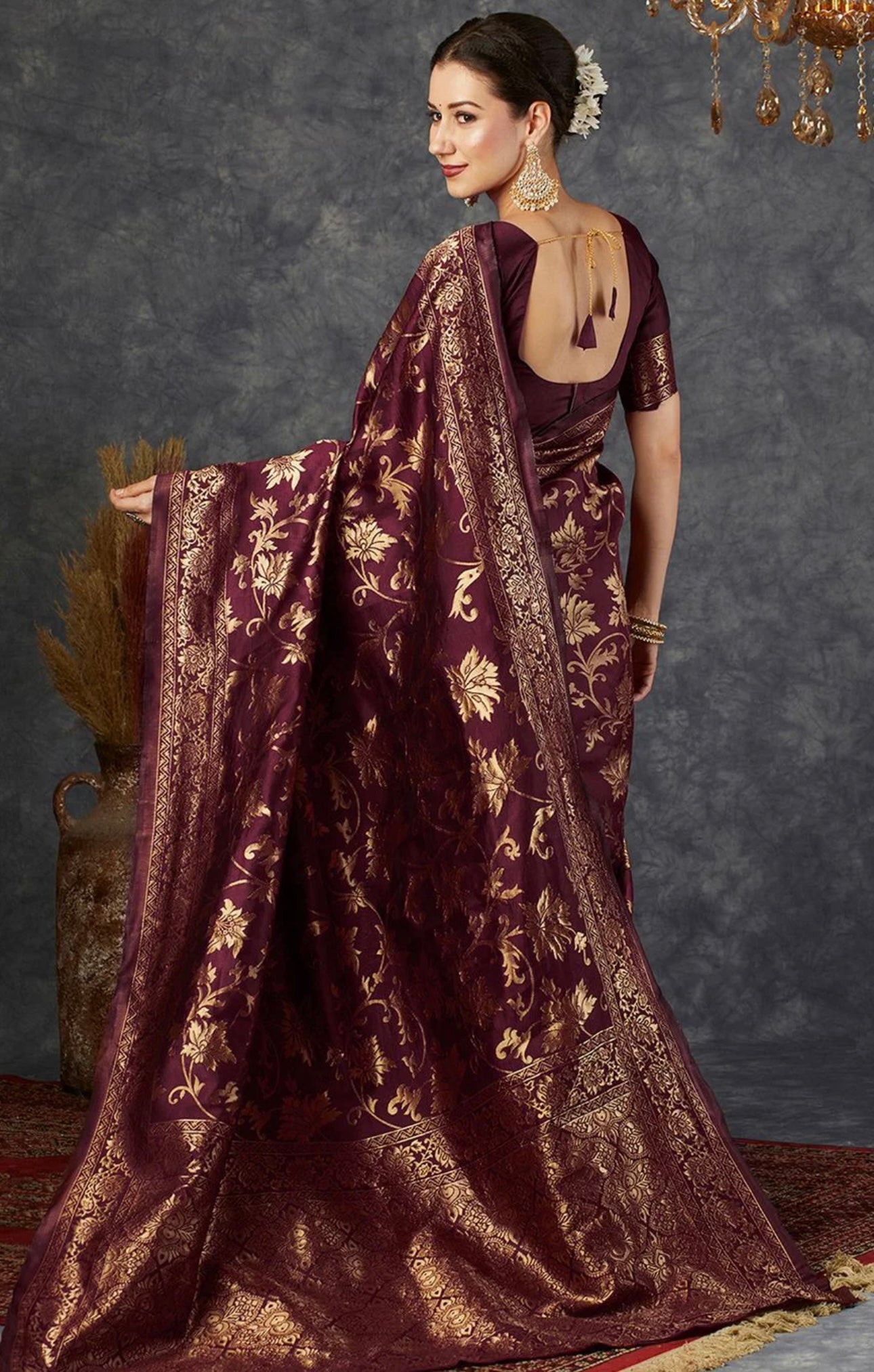 Maroon Jaal Flora Banarasi Saree