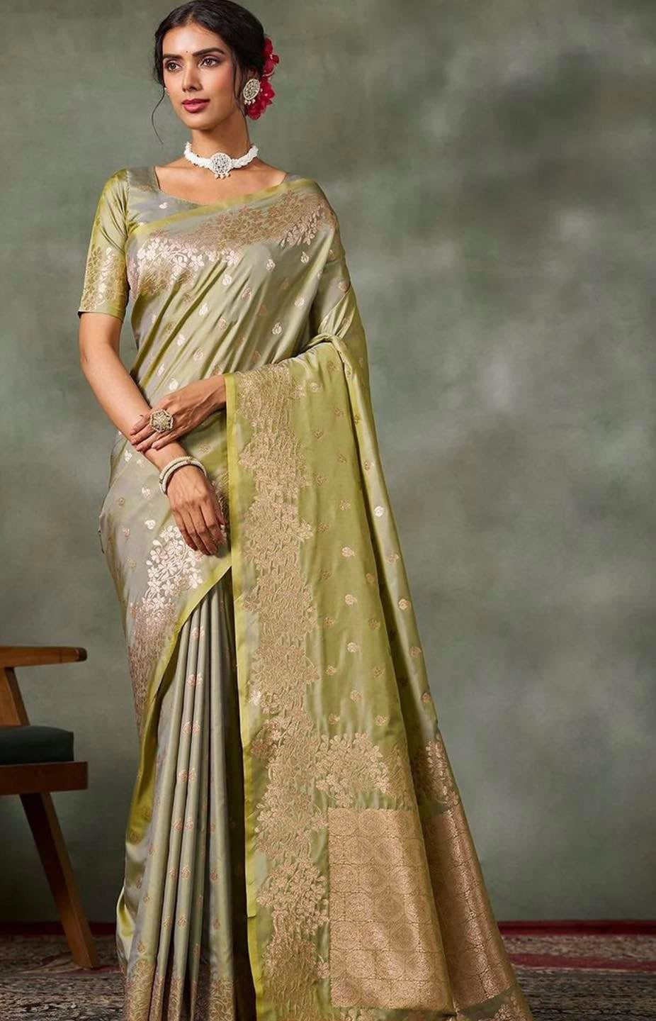 Olive Green Banarasi Silk Saree