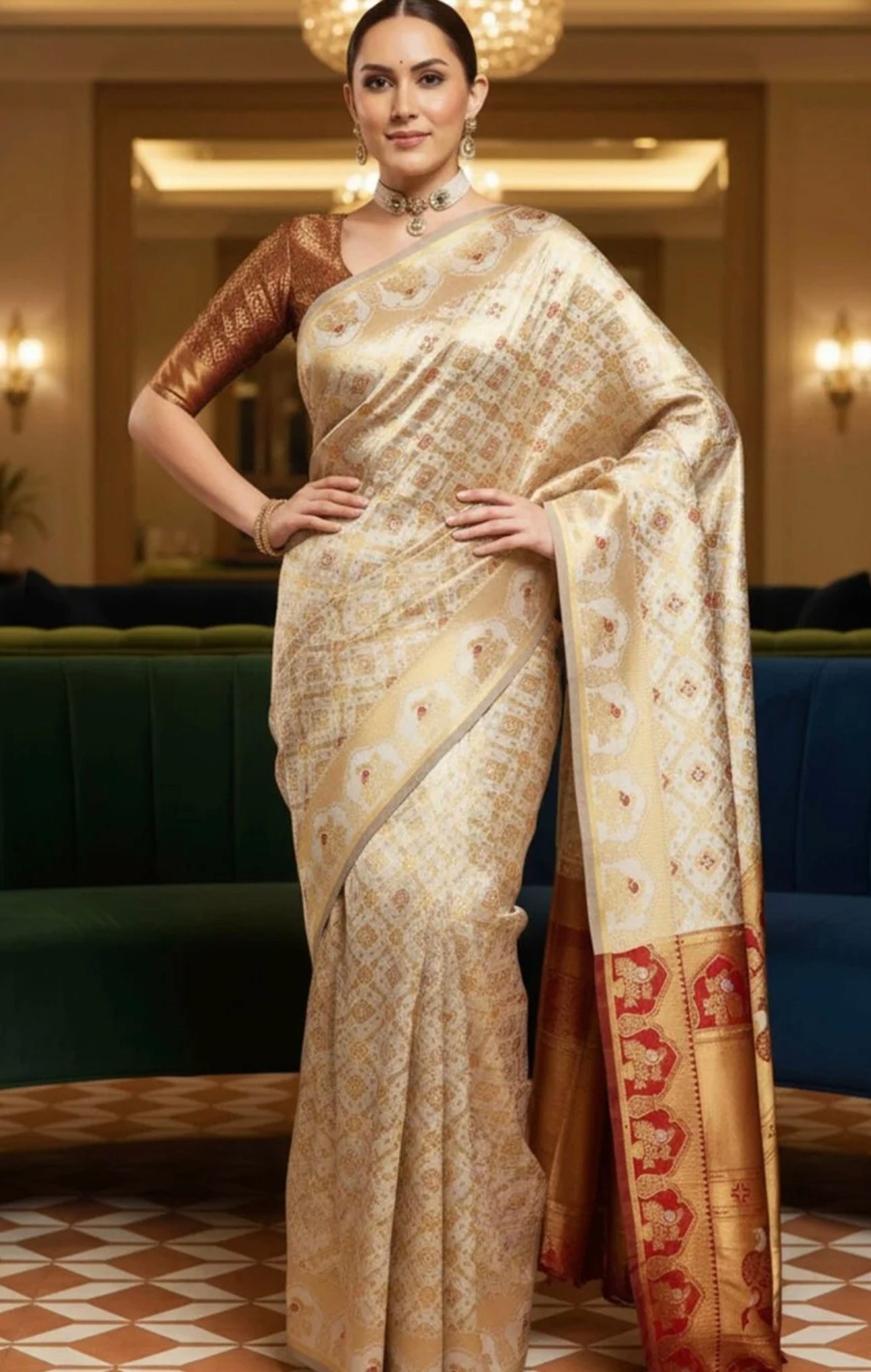 Off white & Red Kanjiwaram Saree