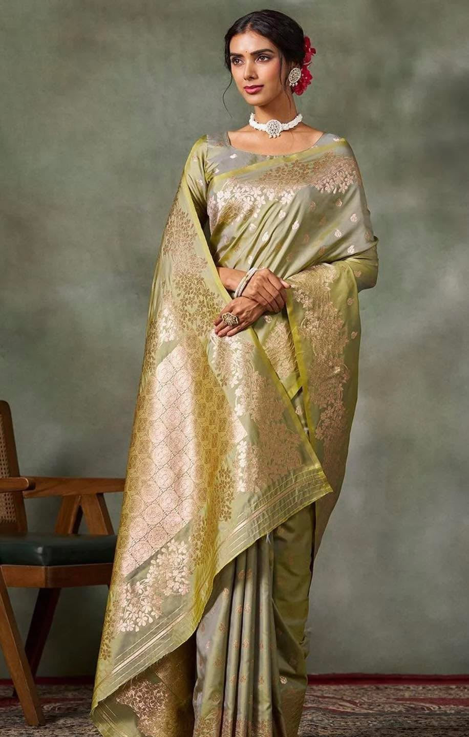 Olive Green Banarasi Silk Saree