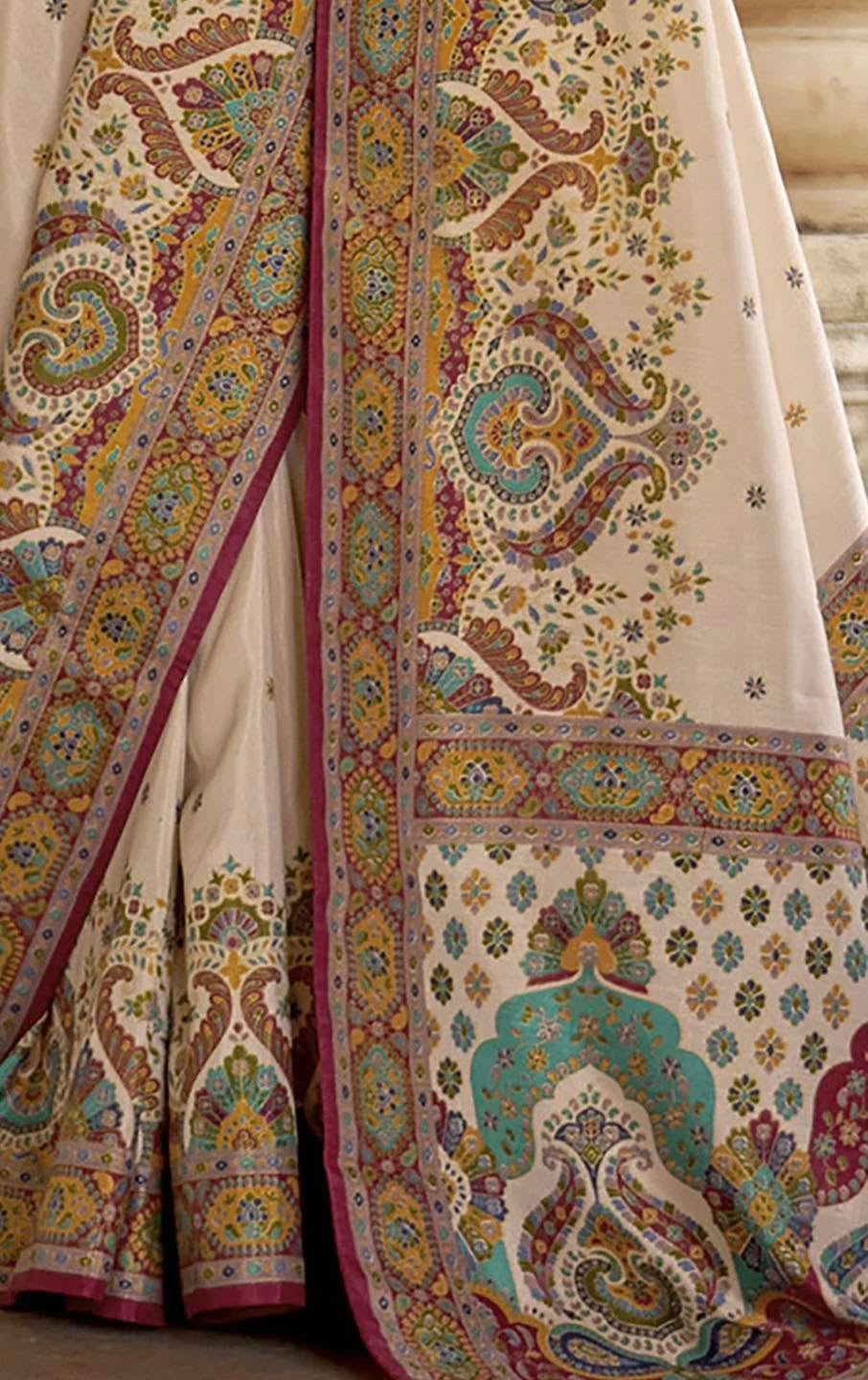 Off White & Maroon Kani Silk