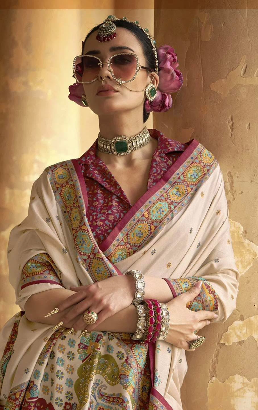 Off White & Maroon Kani Silk