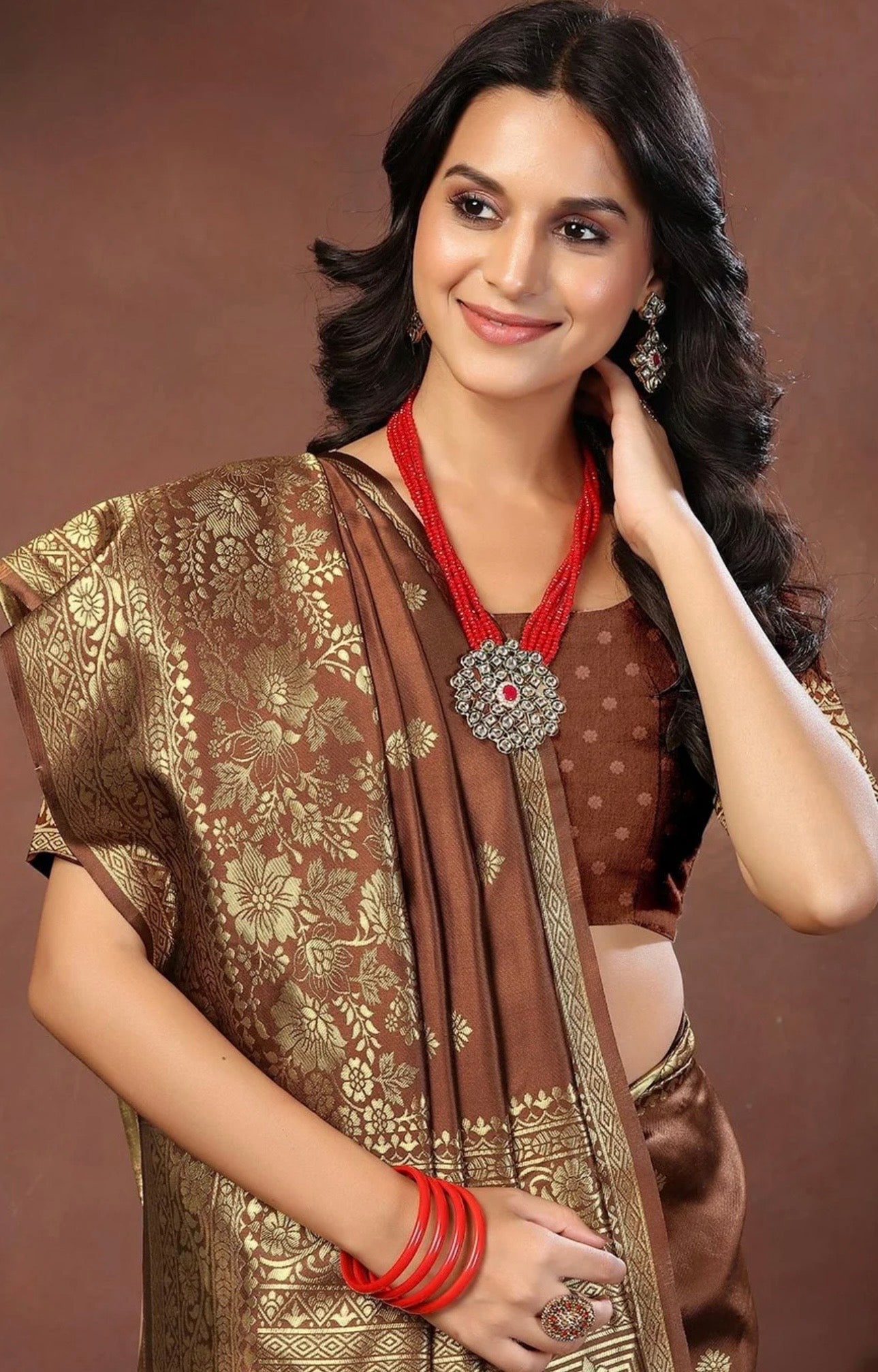 Brwon Gold Kanjeewaram Saree