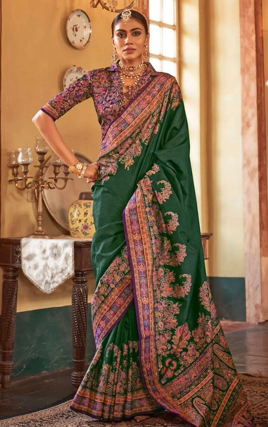 Bottle Green Kani Silk Saree