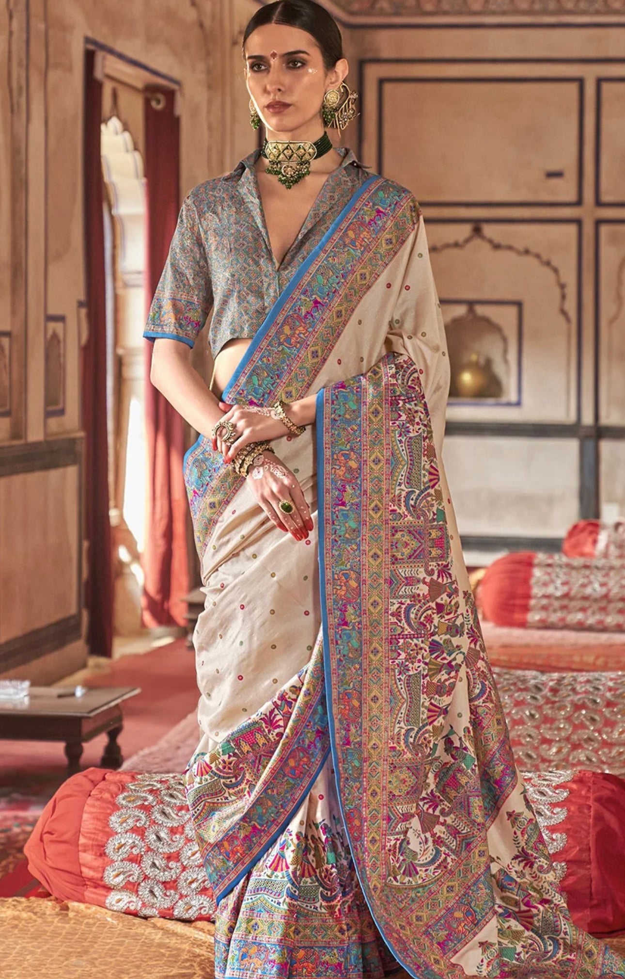 Off white & Blue Kani Silk Saree