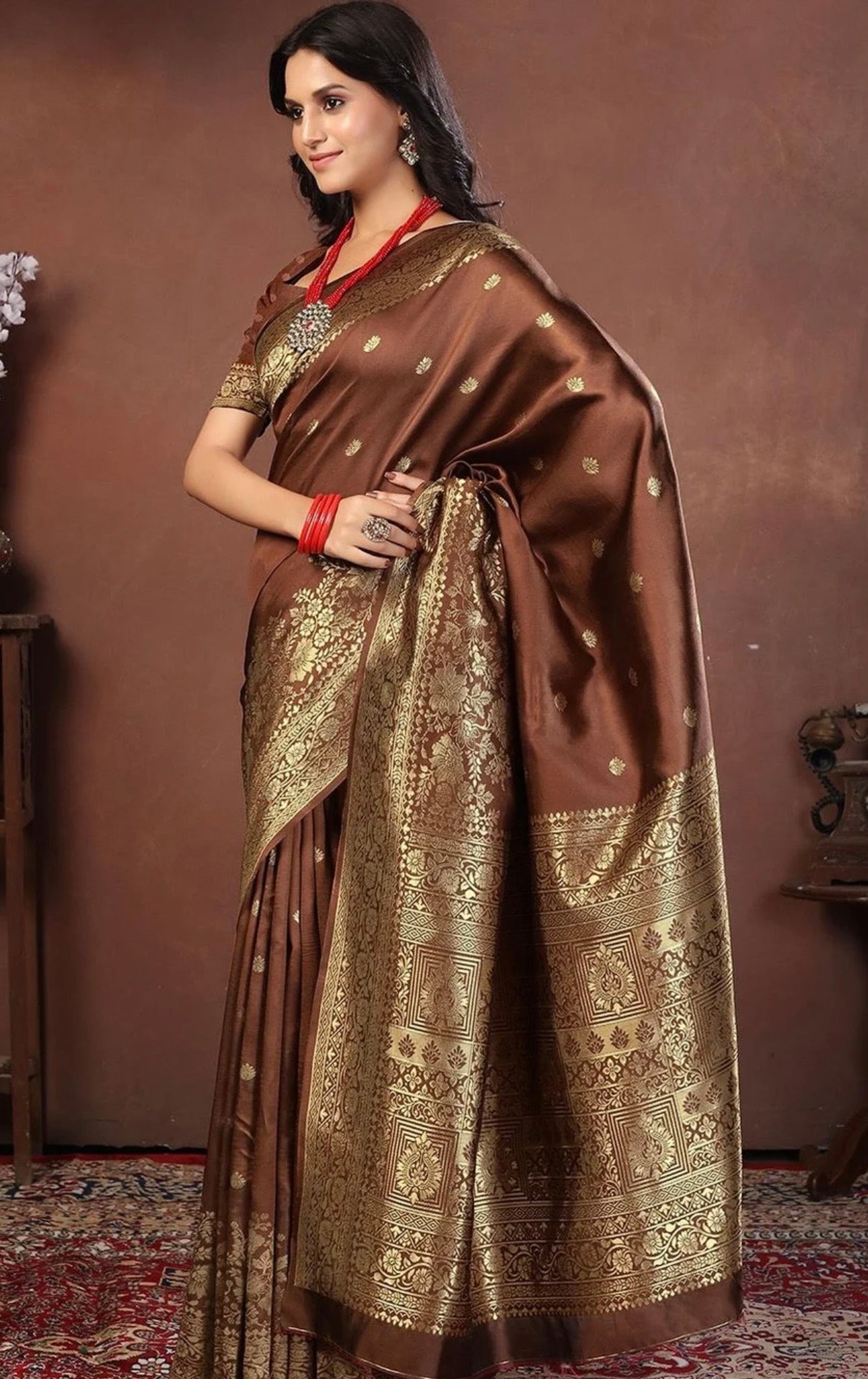 Brwon Gold Kanjeewaram Saree