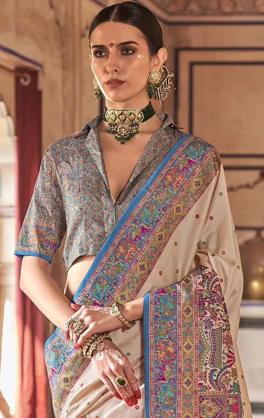 Off white & Blue Kani Silk Saree