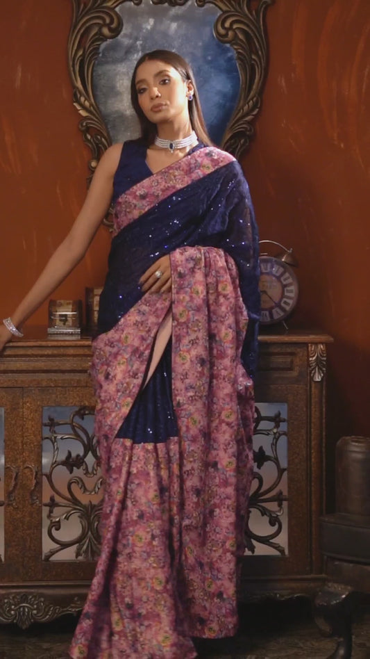 Purple floral sequins saree
